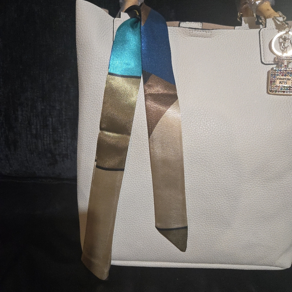 Cream Tote Bag Bamboo Handles plus Wristlet, Twilly, Bag Charm - Picture 6 of 14